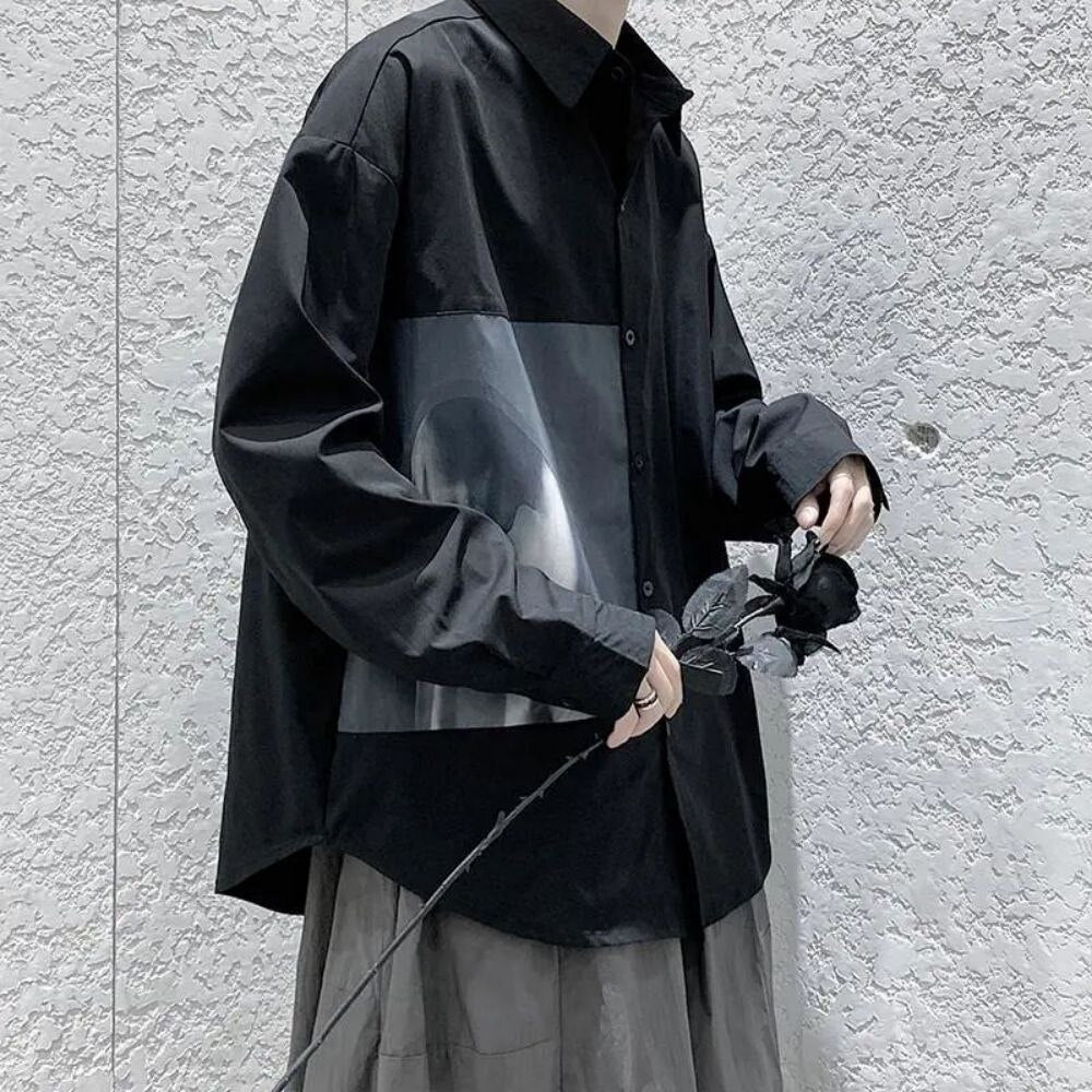 Men's Printing Long Sleeve Cargo Shirts Harajuku Black Shirt Korean Style Men Shirt Long Sleeve Vintage Clothes Streetwear