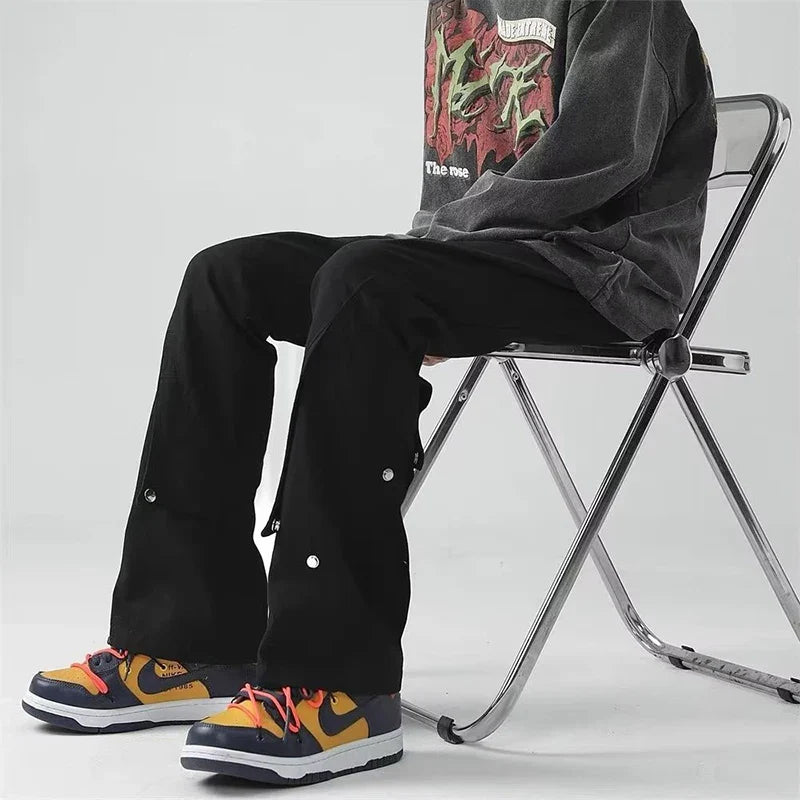saferido Spring Autumn Vintage Harajuku Solid Pants Men Loose Fashion Trousers Y2K Pockets Patchwork Ropa Hombre All Match Male Clothes