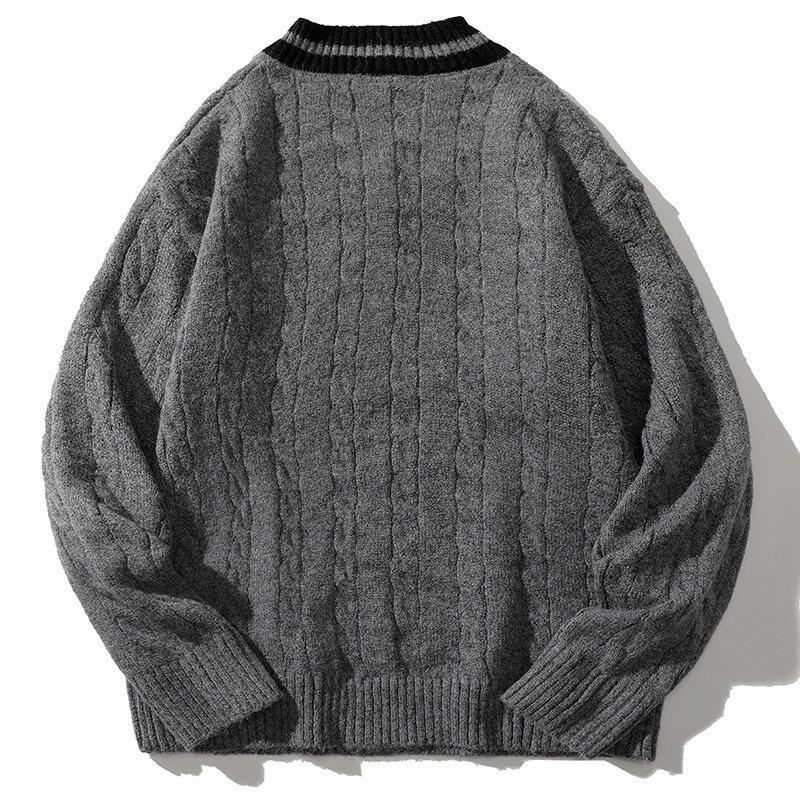 Mens Winter Knitted Sweaters Oversized Male Black Pullover V Neck Jumpers Men's Vintage Striped Knitwear Men Clothing