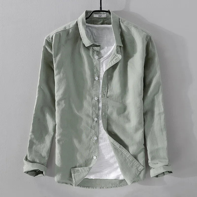 spring autumn new men's shirts fashion lapel casual long-sleeved cotton and linen shirts loose breathable linen shirts