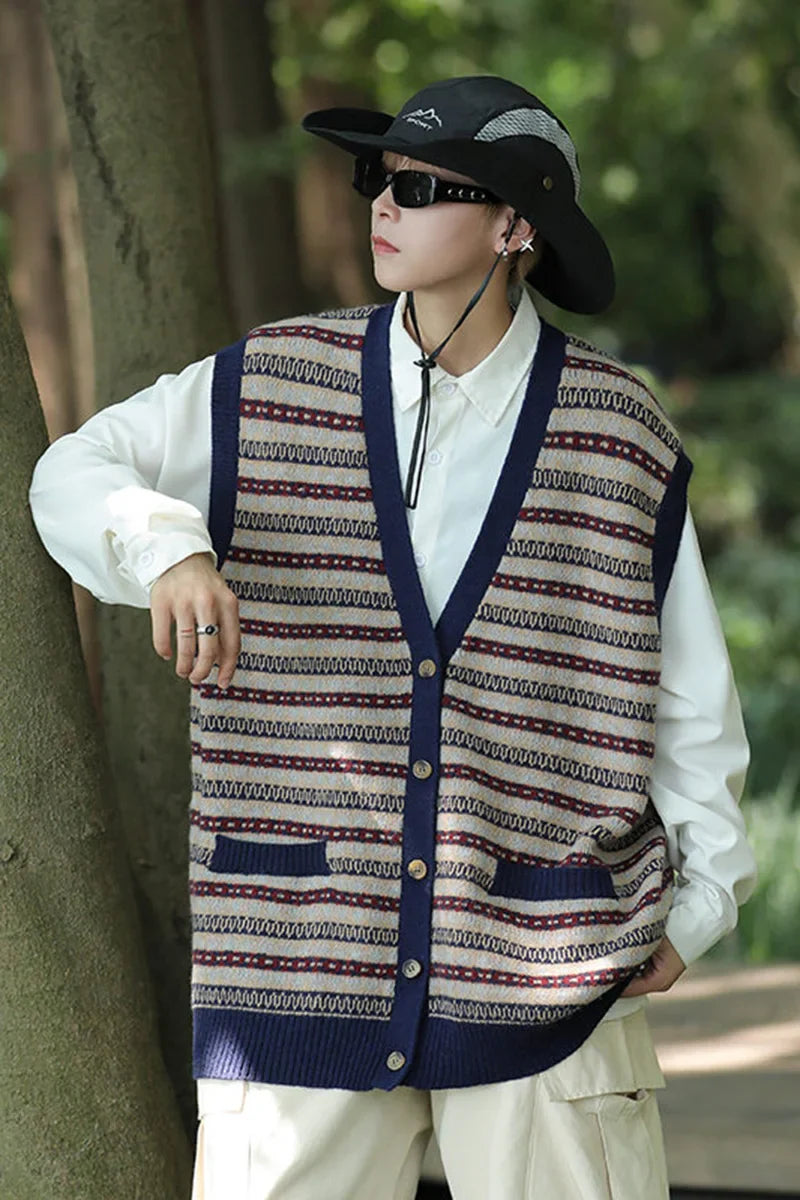 saferido New Spring and Autumn Sleeveless Knitted Cardigan Men's Clothing Waistcoat Contrast Color Casual Sweater Vest Coat Fashion V26
