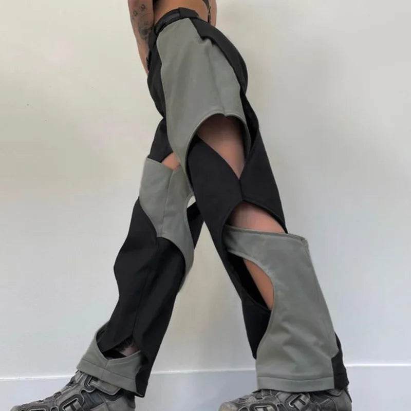 saferido Y2k Techwear Casual Pants Men Hollow Out Baggy Patchwear Trousers Male Streetwear Low Rise Sweatpants Korean Hip Hop
