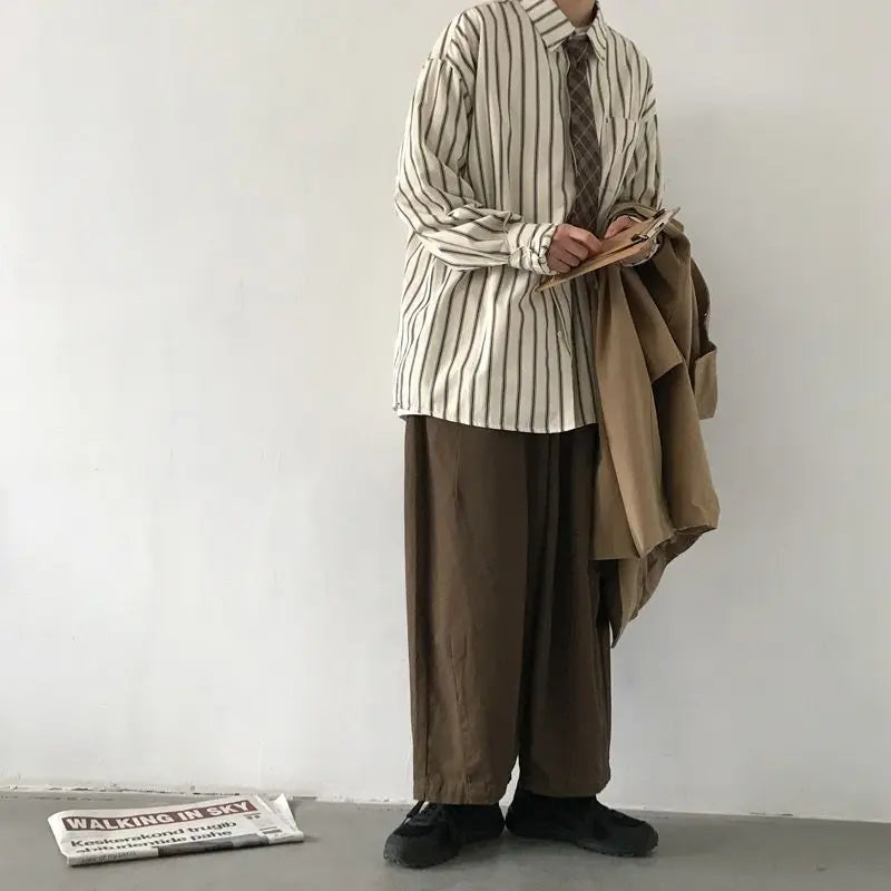 Men Vintage Set Spring Autumn Couple Casual Suits New Stripe Loose Long Sleeve Shirt+High Street Wide Leg Pants Two Piece Set