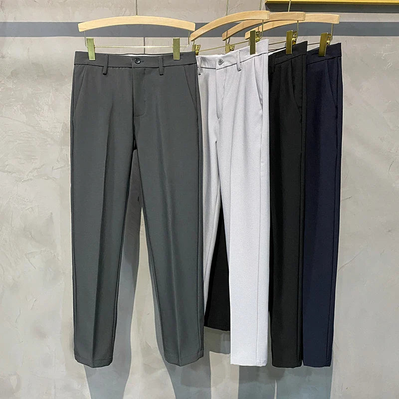 saferido Korean Style Fashion Ankle Length Suit Pants Men High Waist Solid Blue Black Gray Casual Straight Adjustable Waist Trousers