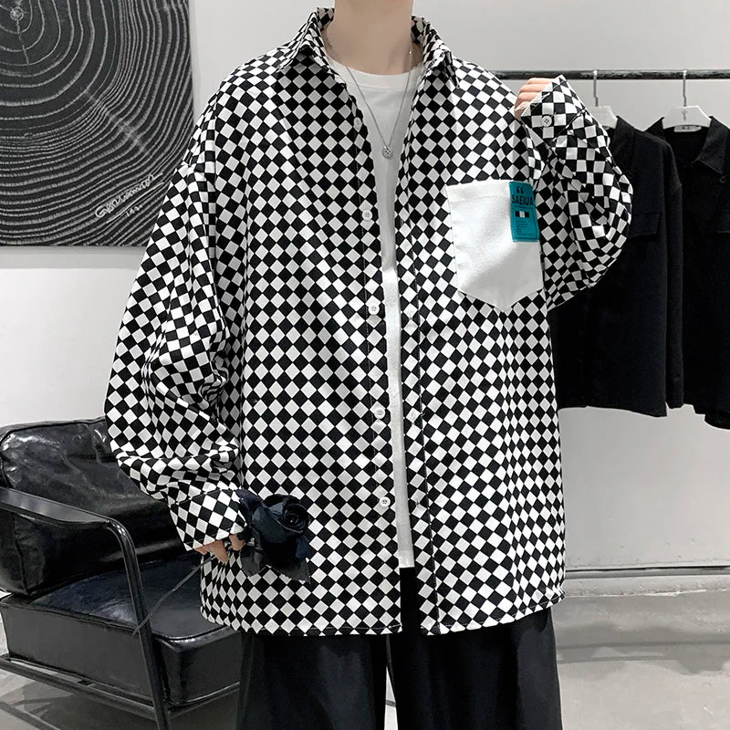 saferido High street ins checkerboard long sleeved shirt men's spring clothes plus fat plus size trendy fat people loose casual coat