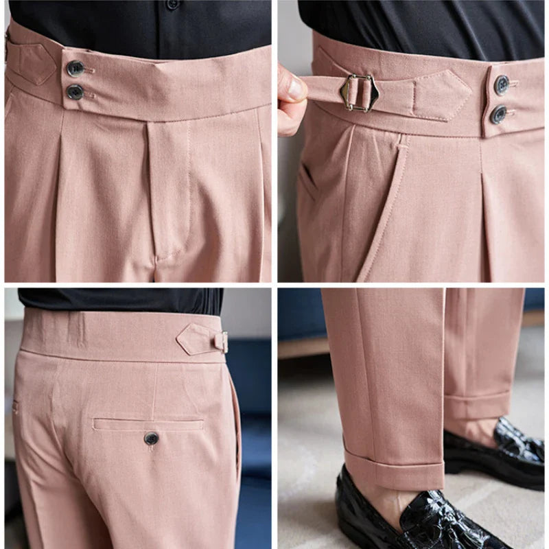 saferido British Style Men High Waist Casual Dress Pant Men Belt Design Pink Trousers Formal Office Social Wedding Party Dress Suit Pants