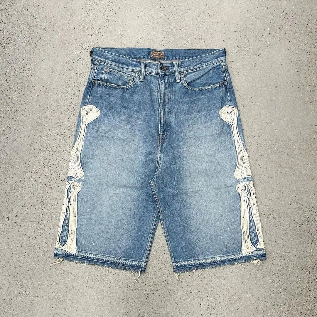Harajuku Street Trend Y2K Bone Embroidery Five-point Jeans Men's Loose Straight Pants Washed Blue Jeans Summer Shorts for Men