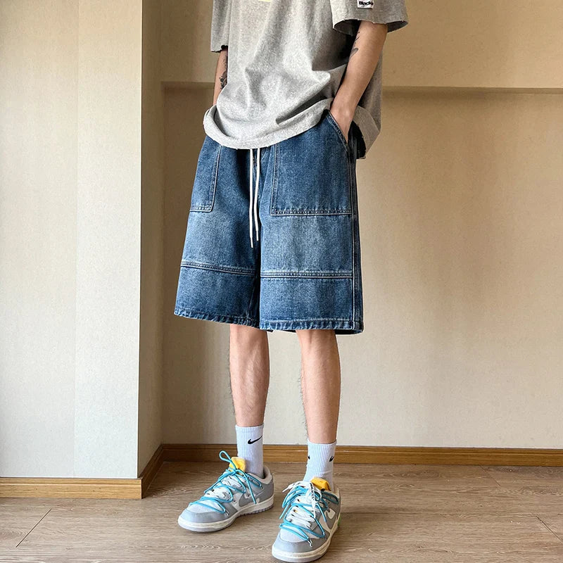 saferido Summer New High Street Casual Versatile Denim Capris Elastic Waist Men's Korean Style Loose Wide Leg Large Pocket Shorts