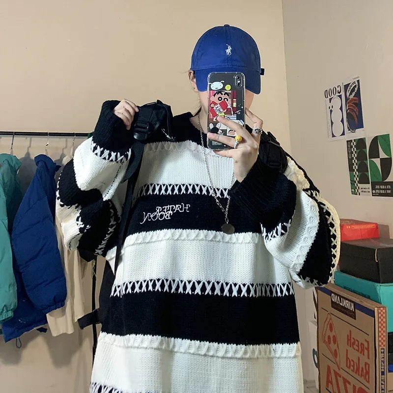 saferido Patchwork Striped Men's Knitted Sweater Blue Pullovers Punk Black Sweaters Male Oversize Korean Streetwear Hip Hop