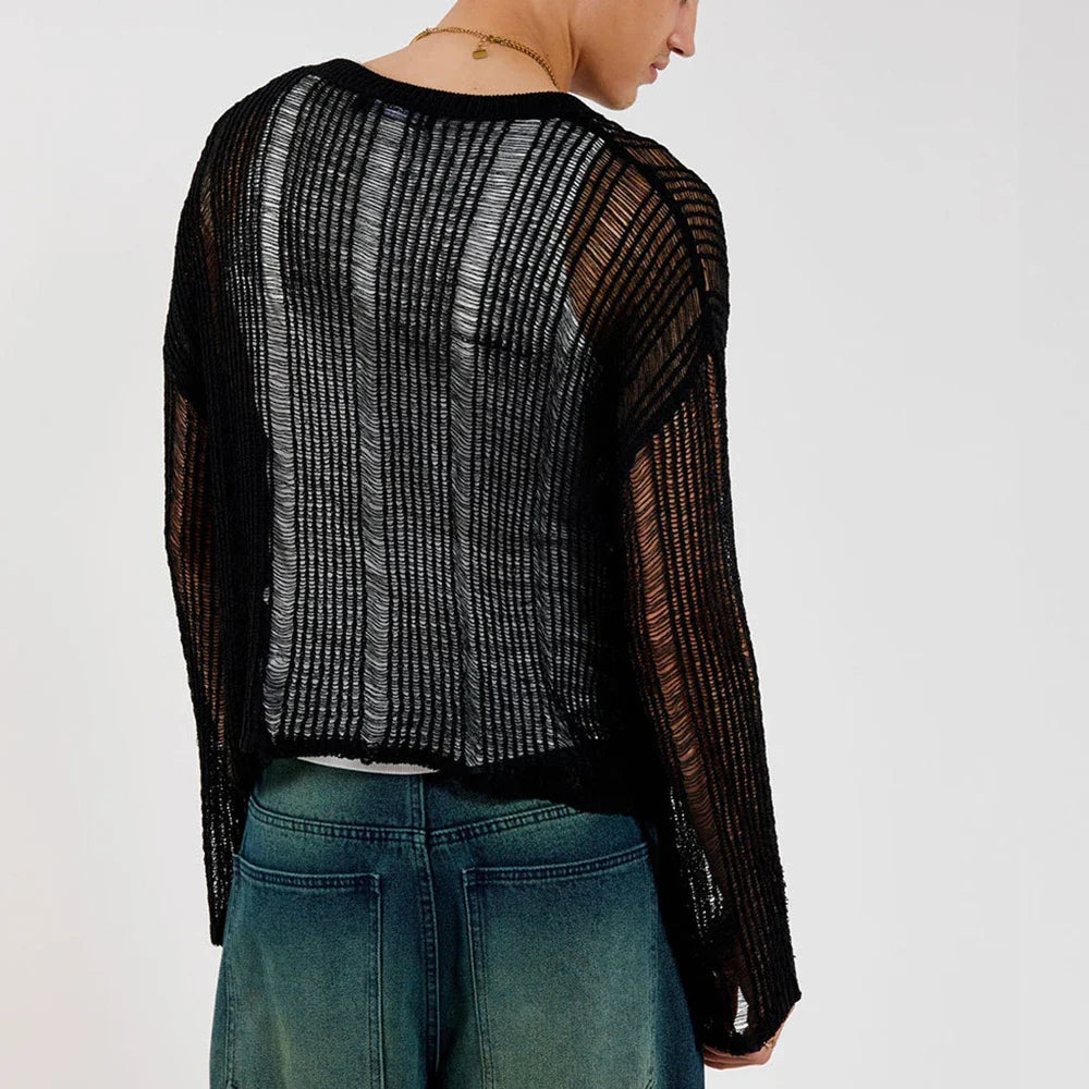 saferido Spring Autumn New Sweater T-shirts For Men Elastic Hollow Slinghtly Transparent Long Sleeve Loose Versatile Knitting Tees Tops