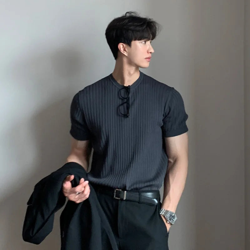 Men's Clothing Luxury Knitted T Shirt Casual Korean O Neck Solid Color Short Sleeve Tees for Men Breathable Summer Knitwear