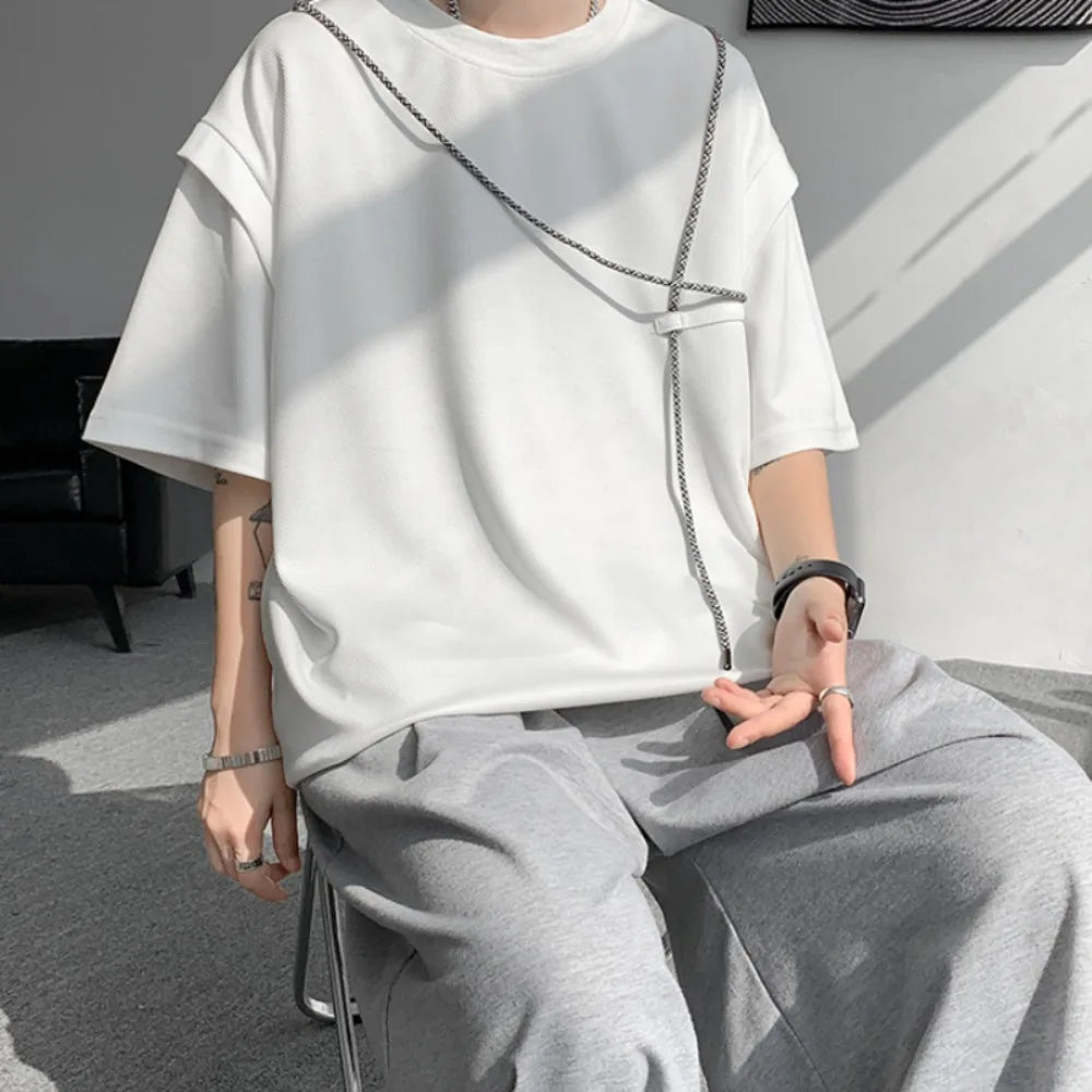 saferido Hip Hop T-shirts Men Simple Popular Korean Style Bandage Design Loose Individual Chic Comfortable Patchwork Students Summer Tees