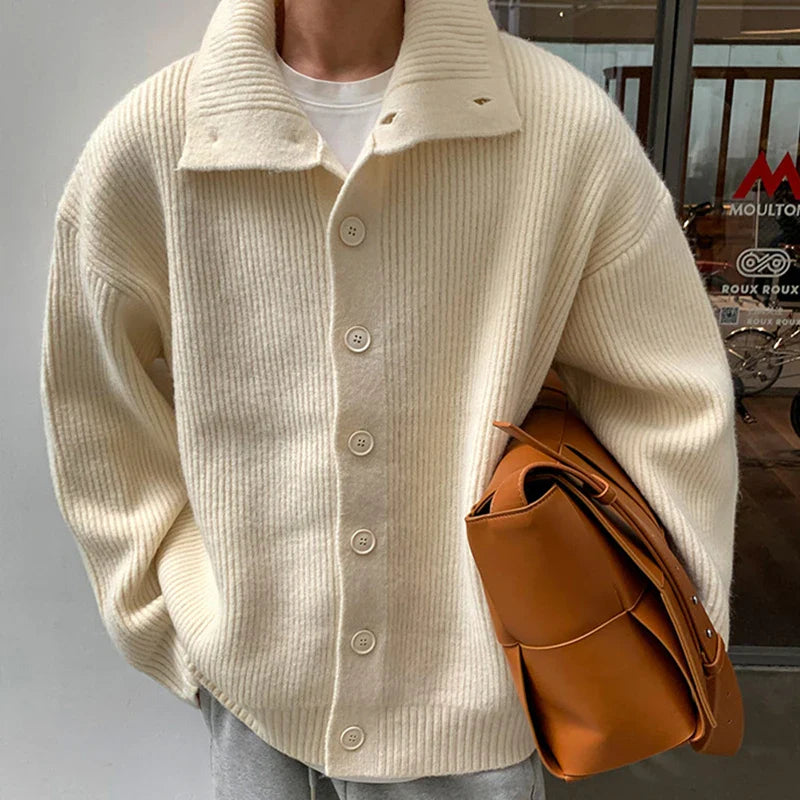 Winter Clothing Men's Luxury Knitted Jacquard Turtleneck Cardigan Sweatercoat Long Sleeve Casual Buttons Solid Color Coat