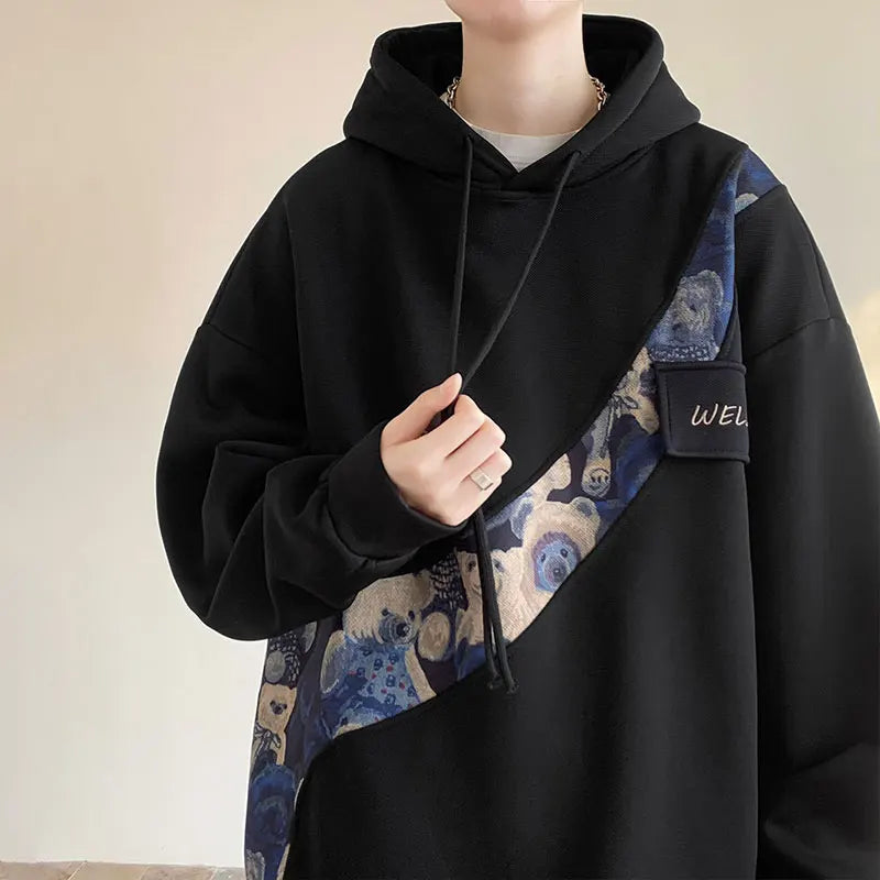 saferido Korean Style Streetwear Men Hooded Sweatshirt Trendy Side Embroidery Design Loose Hoodie Casual Drawstring Hoodies