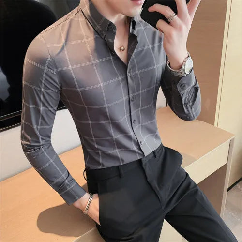 saferido Spring Business Casual Plaid Shirt Men's Formal Workwear Wedding Dress Slim Social Party Clothes Checked Shirt S-4XL