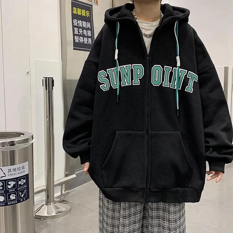 Autumn Men Zipper Hoodies Casual Loose Plus Size Coat 2023 Grey Oversized Pocket Outerwear Streetwear Harajuku Zip Up Sweatshirt