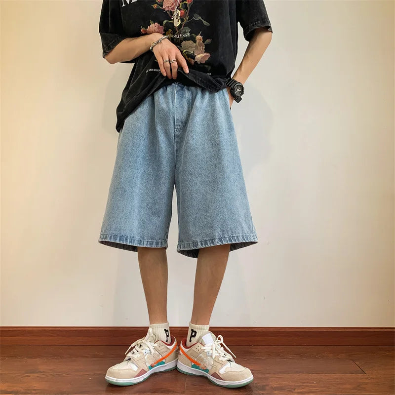 saferido Summer Denim Shorts for Men Korean Harajuku Retro All-Match Baggy Straight Bottoms Wide-Leg High Street Five-Point Jeans Pants