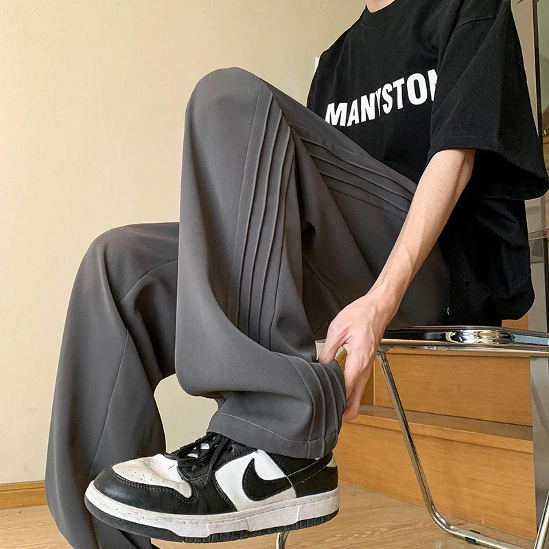 Khaki/Black/White/Dark Gray Mens Korean Solid Color Ice Silk Pants Harajuku Streetwear Casual Loose Trousers Plus Size 4XL-M
