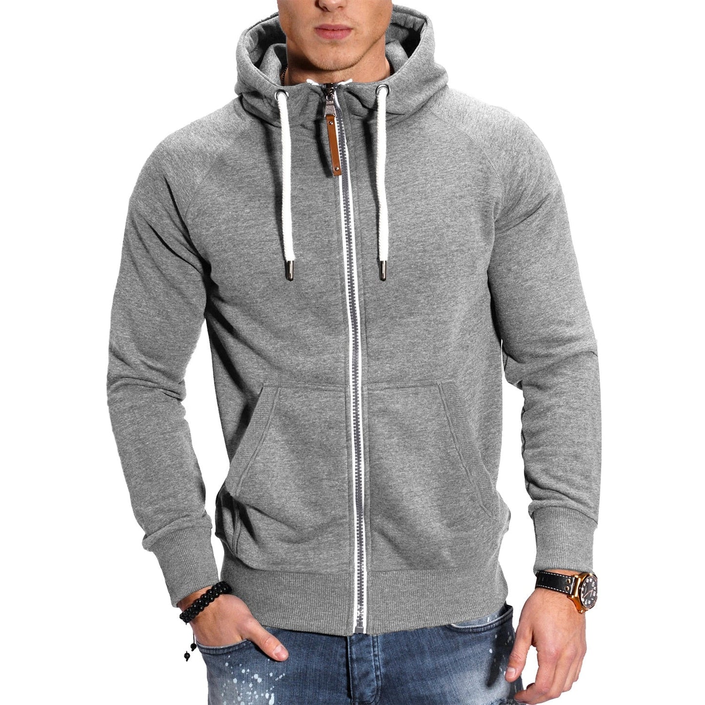 Autumn and Winter Men's Color Matching Sport Plus Fleece Cardigan Hoodie Casual Fashion European Code with Rotator Sleeve Coat