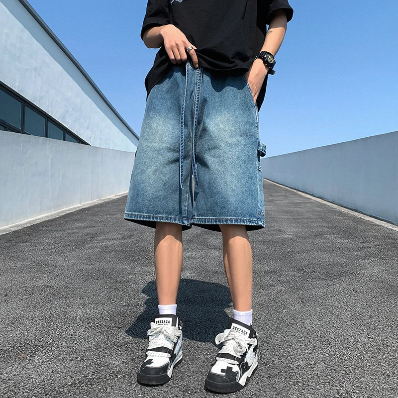 saferido Korean Style Summer Men's Blue Baggy Denim Shorts New Street Apparel Workwear Large Pocket Wide Leg Denim Shorts Blue