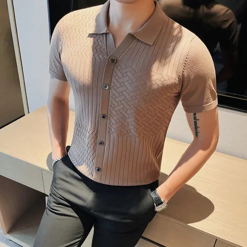 saferido Korean Style Men's Summer Casual Short Sleeves Knitted Polo Shirts/Male Slim Fit Business Fashion Stripe POLO Shirts S-4XL