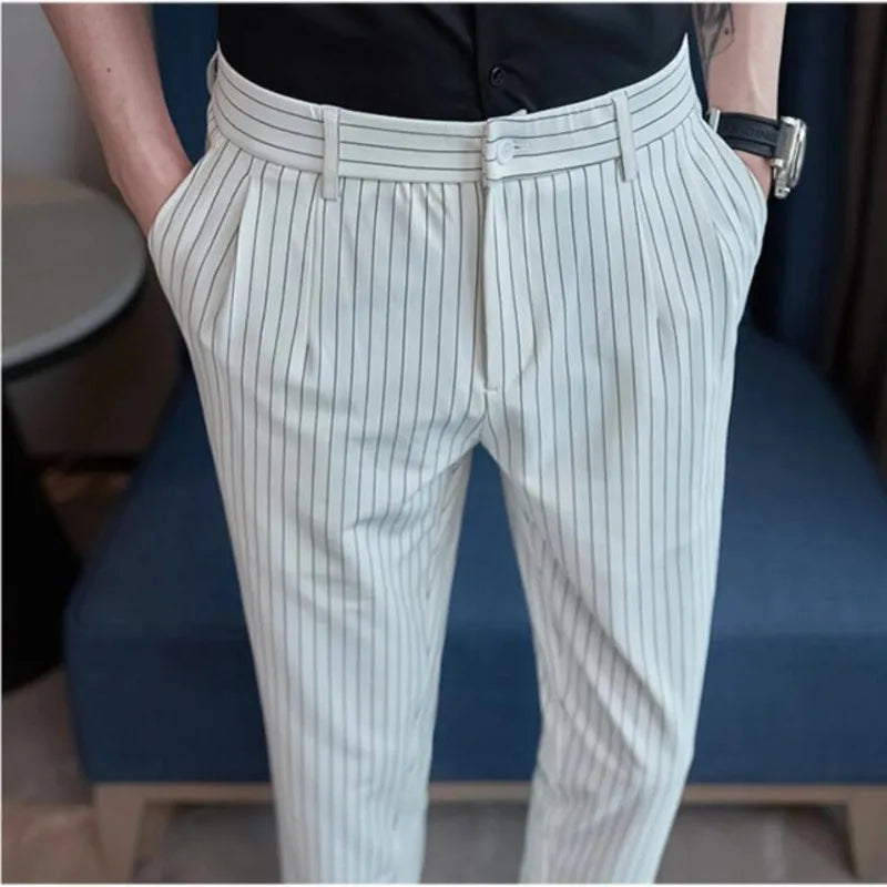 saferido British Style Men Business Stripe Dress Pants Men Belt Design Slim Trousers Formal Office Social Wedding Party Dress Suit Pant