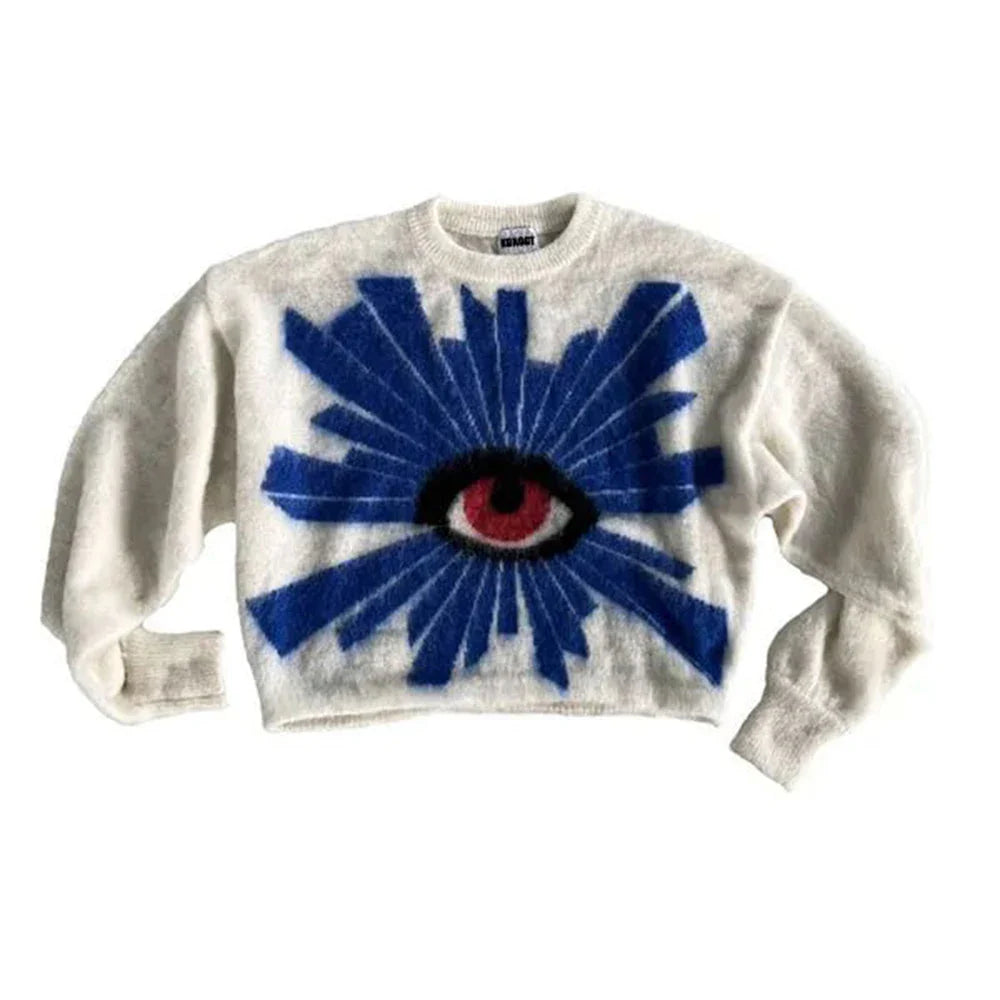 saferido Retro Knitted Sweater Unisex American Warm Sweater Men's and Women's Harajuku Eye Pattern Cotton Y2K Couple Pullover