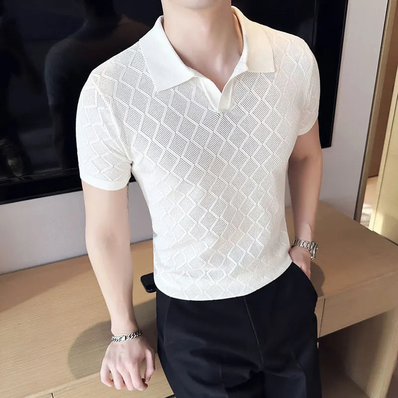 saferido Male Spring Slim Fit Knitting Polo Shirts British Style Men's Summer Casual Hollow Out Short Sleeves Polo Shirts S-3XL