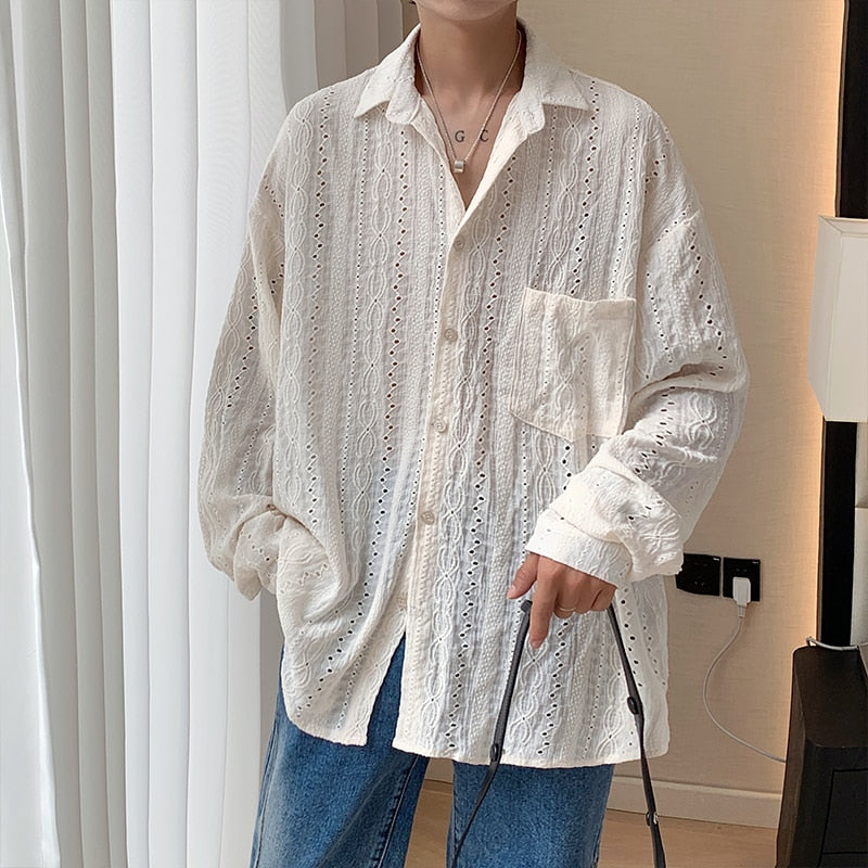 Apricot Handsome Lapel Men Blouse Vacation Hollow Out Sexy Fashion Men Clothing Male Mesh Long-sleeved Shirts Tops