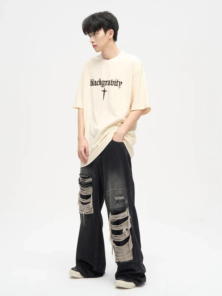 Jeans for Men Casual Straight Loose Summer Daily Hole Solid Color High Street Denim Trousers Breathable Trendy All-match Unisex