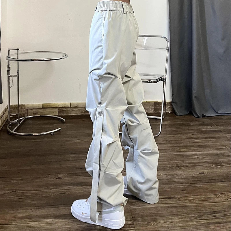 High Street Pleated Overalls Men's Pants Fashion Loose Straight Button Casual Male Trousers Solid Color Darkwear