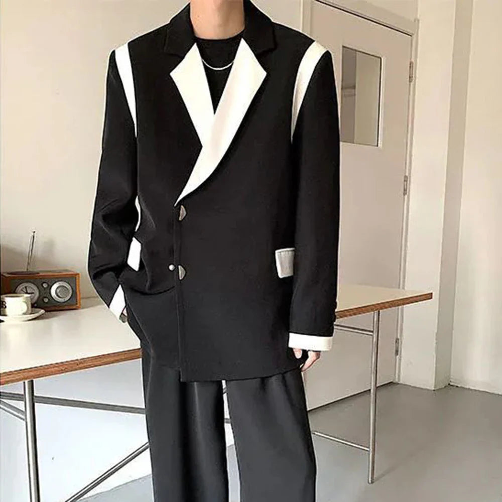Men Blazer Patchwork Lapel Long Sleeve Streewear Button Loose Csual Suits Korean Fashion Men Thin Coats M-2XL
