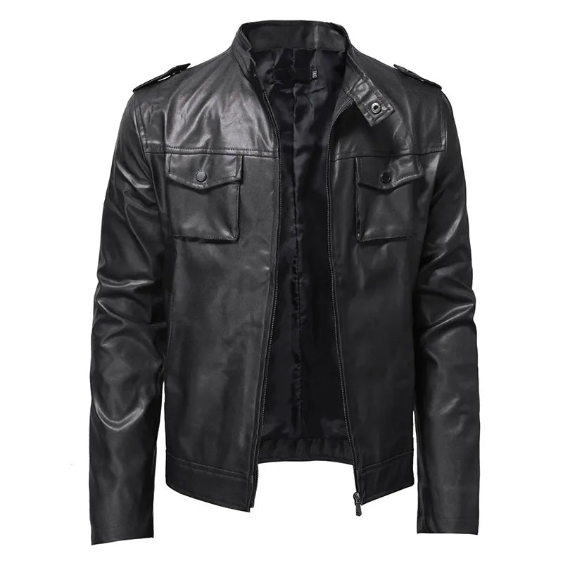 Autumn Business Men's Leather Jackets Motorcycle Bike Streetwear Clothing Men Stand Collar Pocket Zipper Overcoat Man
