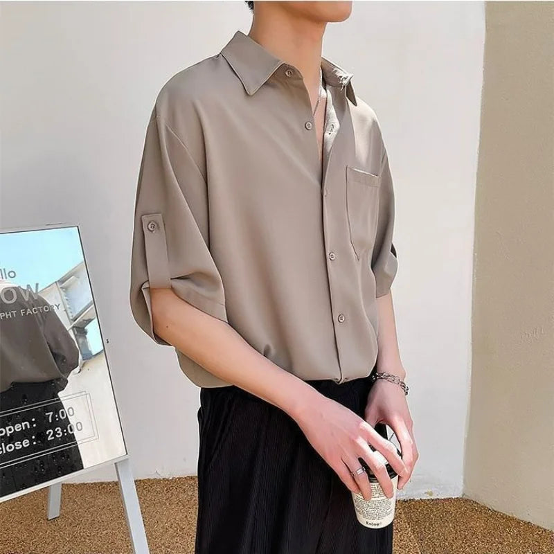 saferido Simple Korean Short Sleeved Men Summer Solid White Shirt Lapel Button Pocket Harajuku Fashion Trendy Loose Casual Thin Male Top