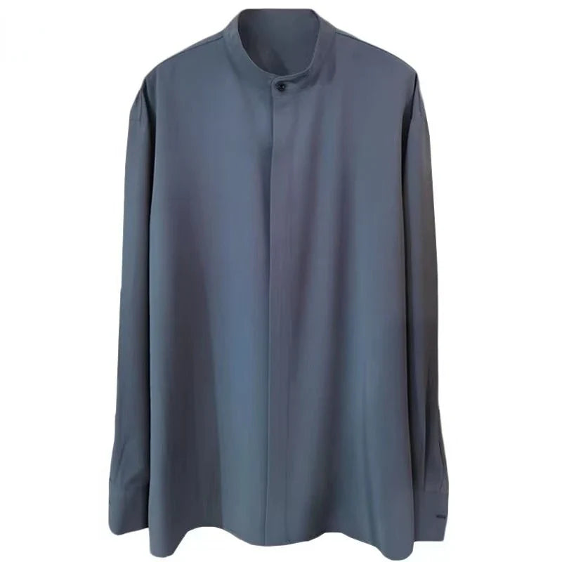 New Silk Senior Sexy Dark Blue Shirt for Men Solid Color Long Sleeve Stand-up Collar Loose Business Casual Iron-free Shirt