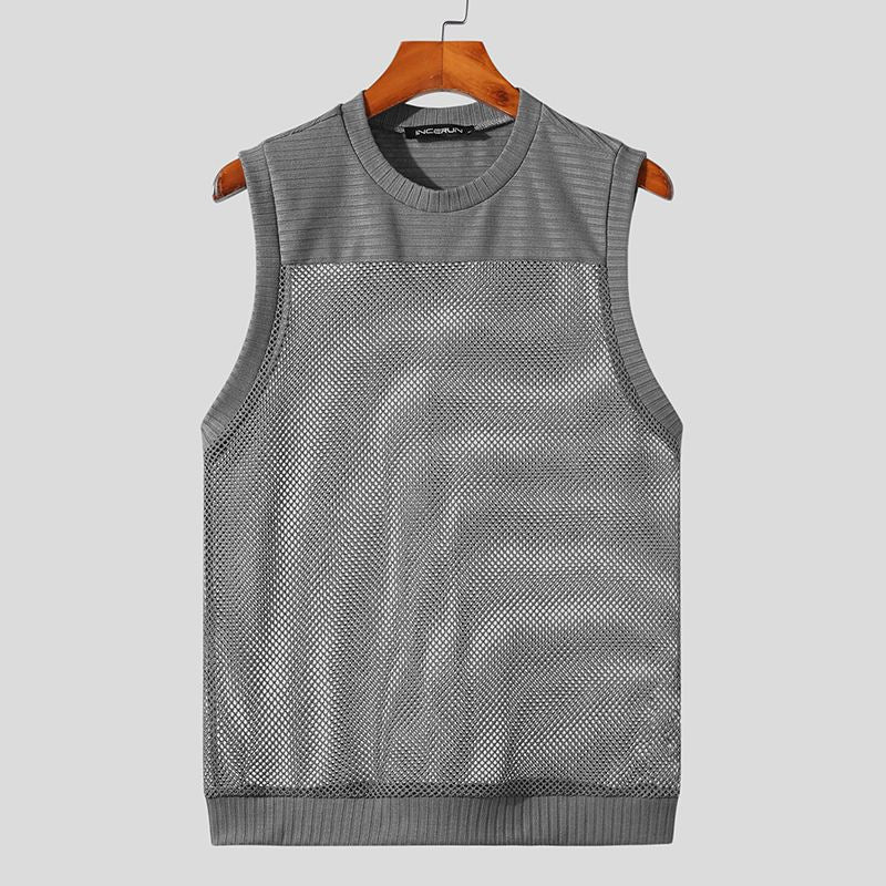 Men Tank Tops Mesh Patchwork Transparent Breathable O-neck Sleeveless Sexy Men Clothing Summer Fashion Vests S-5XL