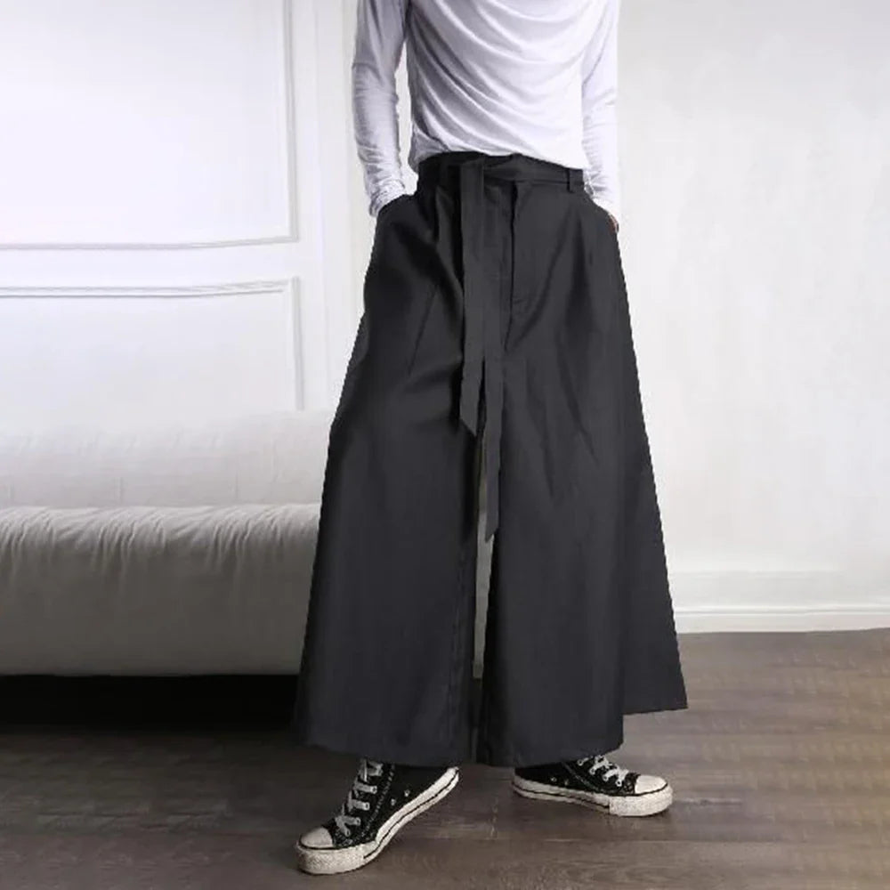 saferido Mens Japanese Casual Street Wide Leg Pants With Belt Genderless Autumn Fashion Trendy Solid Color Loose Nine-Point Skirts Unisex