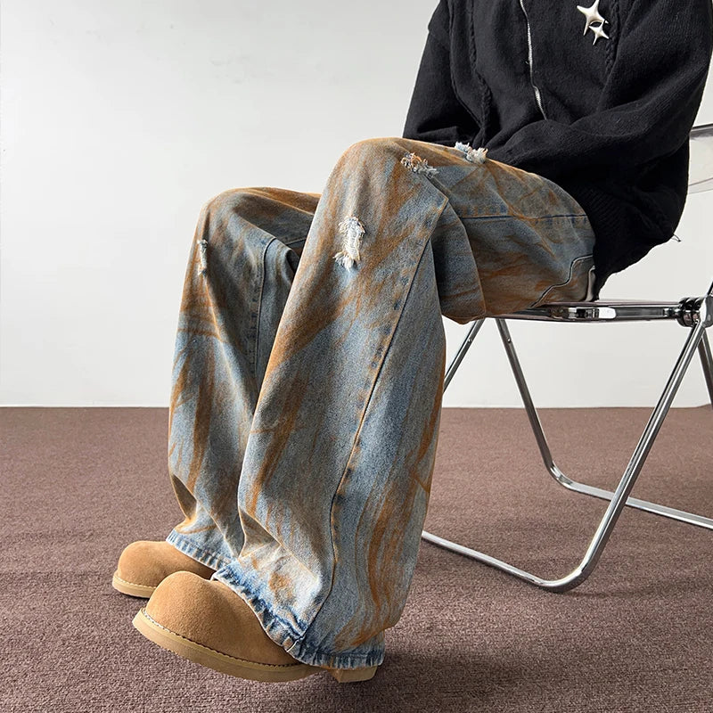 saferido Spring and Autumn Tie Dyed Distressed Jeans, Men's Straight Leg American Trendy Brand Ruffian Handsome Casual Hip-hop High