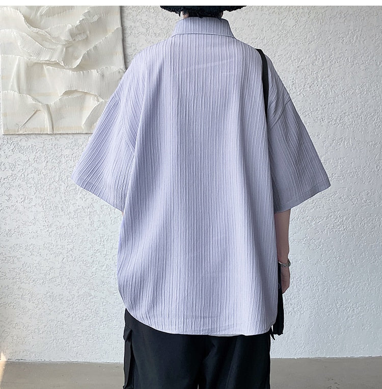 Summer Ice Silk Vertical Stripe Shirt Men Summer Short Sleeve Lapel Shirts Blouse Top Loose Casual Men Clothing Camisas