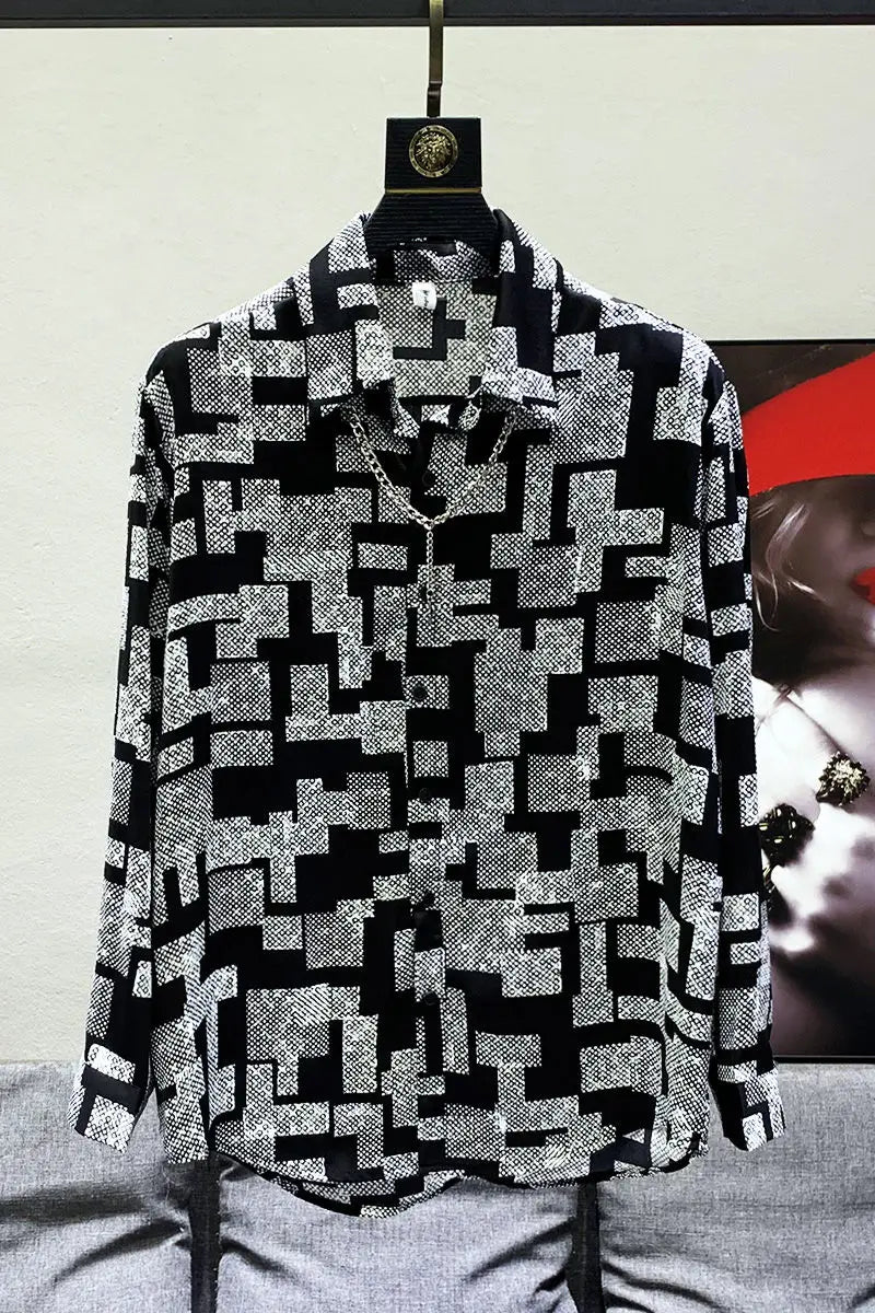 Men Spring Summer New Fashion Long Sleeve Casual Shirts Male Loose Print Blouses Men Button Up Ice Silk Thin Shirts
