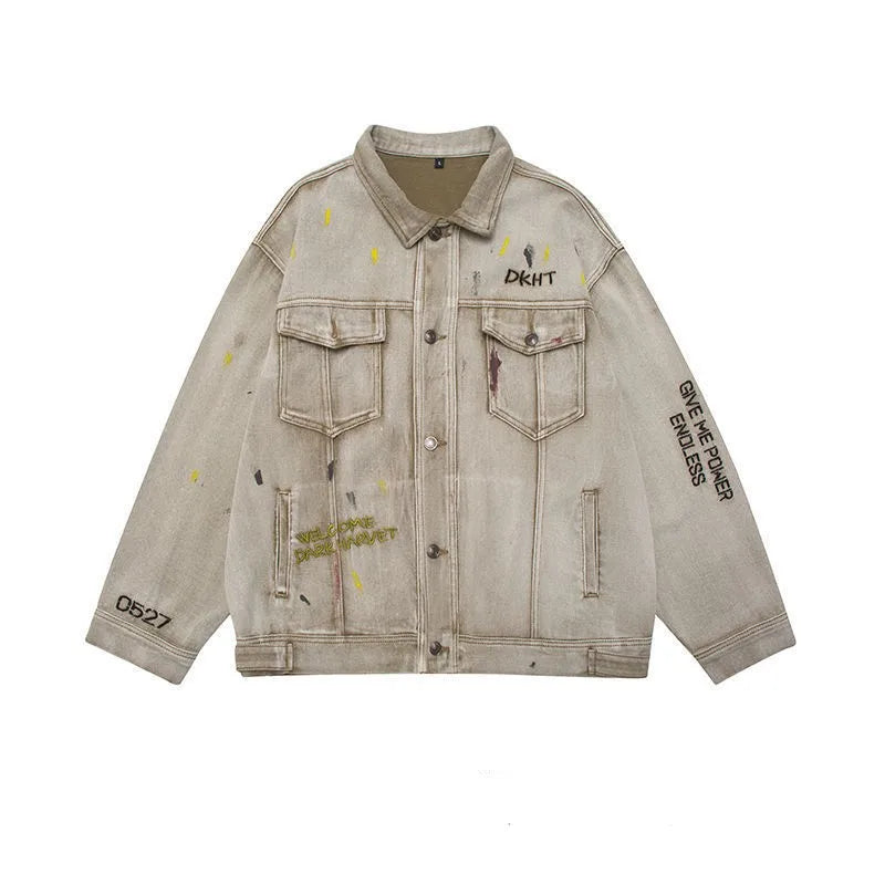 saferido Hip Hop Men's Washable Old Denim Clothes Vintage Embroidered Denim Jackets Speckled Oversize Loose Coat Men's Spring and Autumn