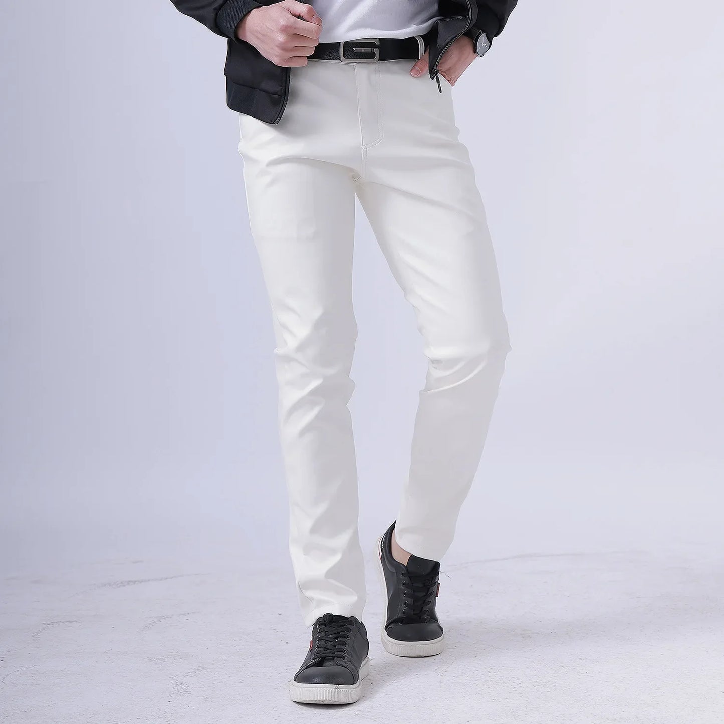 saferido Thin Leather Pants Men's Moto Pants Spring Summer Fashion Color Elastic Slim Fit PU Trousers Windproof Waterproof Man Bottoms