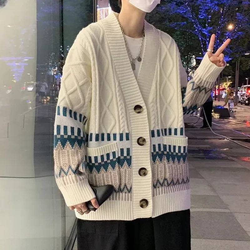 Colorful Cardigan Men Fashion British Style Traditional All-match Comfortable Baggy Twisted Knitwear Chic Advanced Long Sleeve