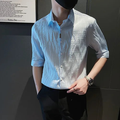 saferido Spring Casual Shirt Men Half Sleeve Slim Fit Business Formal Dress Shirts Social Party Nightclub Stripe Tuxedo Men Clothing 3XL