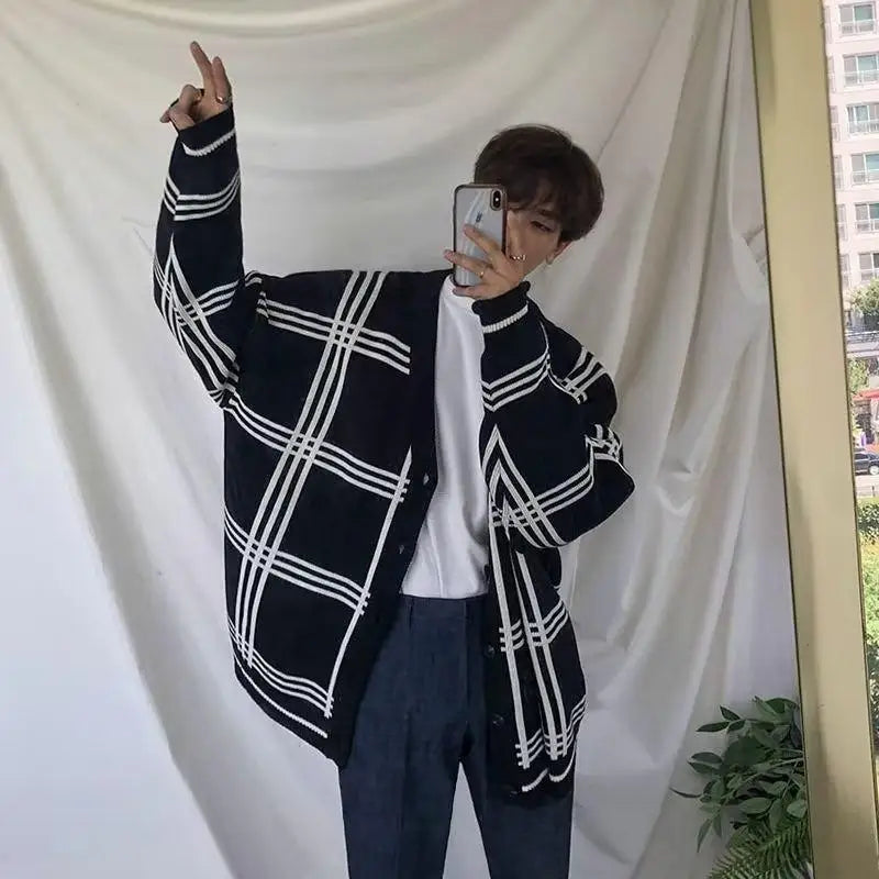 Men's Clothing Cardigan Plaid Knit Sweater Male V Neck Long No Hoodie Wool Casual Sale Best Selling Products Classic Street
