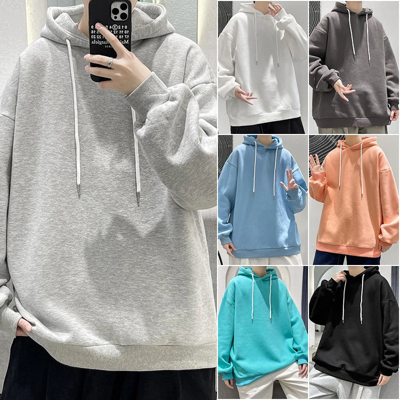 saferido Men's Multicolour Patternless Hooded Sweatshirt Korean Loose Large Size 5XL Casual Long Sleeve Top Simple Unisex Style T-Shirt