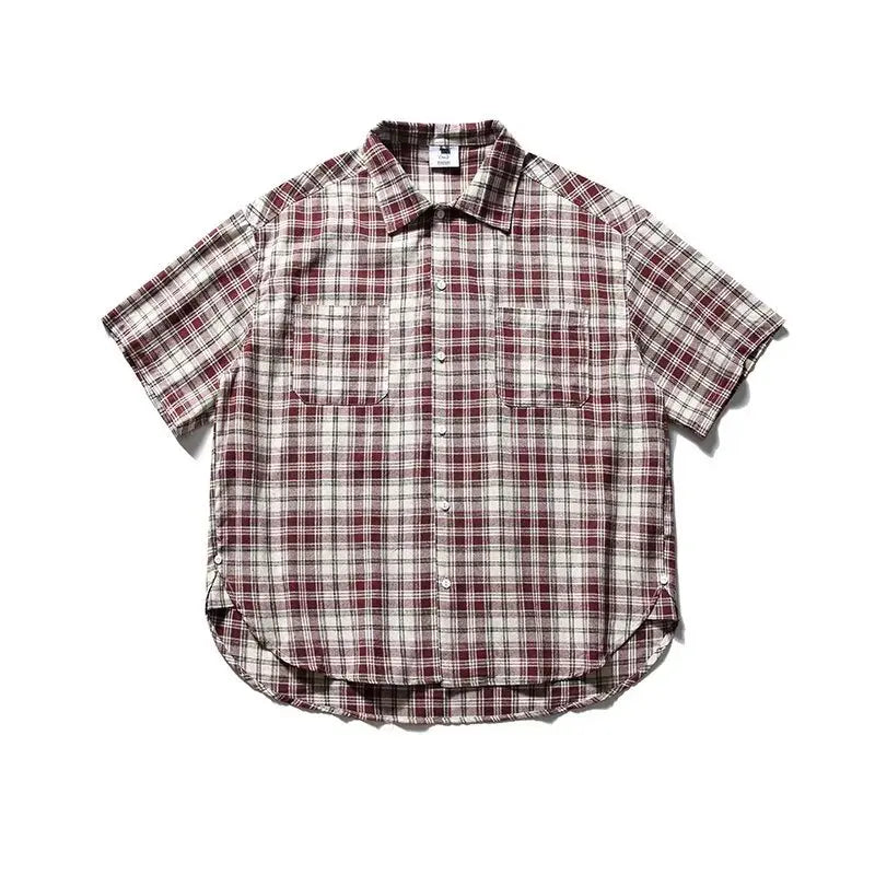 Summer Retro Men Set Checkered Fashion Short Sleeved Shirt+Big Pocket Washed Denim Shorts 2-piece High Street Trendy Unisex Suit