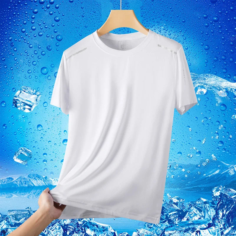 Ice Silk Short Sleeves Men's Summer Thin Sports Top Cool T-shirt, Elastic Mesh Breathable Outdoor New Quick Drying T-shirt