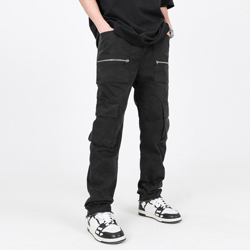Spring Autumn Men's Deckle Edge Design Vintage Cargo Pants Elastic Waist Tide Straight High Street Casual Overalls 12A7537