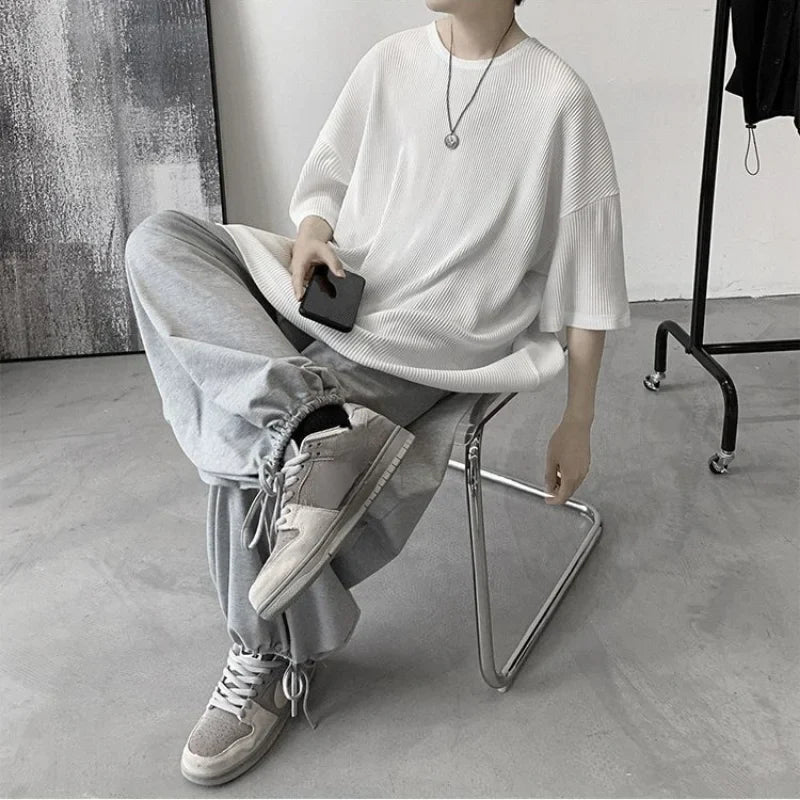 Summer Ice Silk T Shirt for Men Short Sleeve Solid Color Vertical Stripe American Loose Round Neck Half Sleeve Oversized T-shirt
